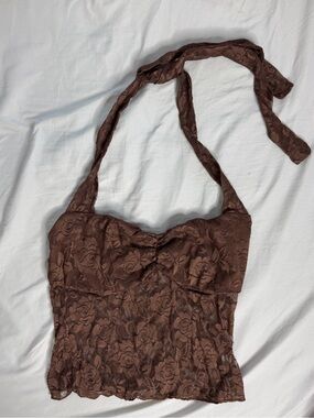 Amazon Essentials Brown Lace Halter Crop Top